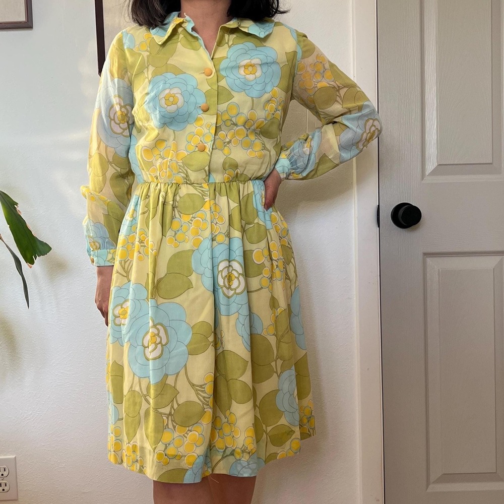 Vintage 60s Floral Dress Long Sleeve Blue Yellow Small Medium romantic Boho - Picture 2 of 12